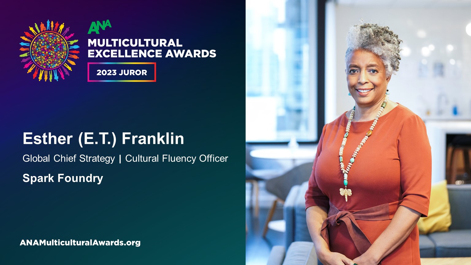 Our Chief Strategy & Cultural Fluency Officer Esther (ET) Franklin has been selected as a judge for the 2023 Association of National Advertisers Multicultural Excellence Awards! E.T joins an exclusive panel of industry leaders who will review the year's best multicultural advertising campaigns.